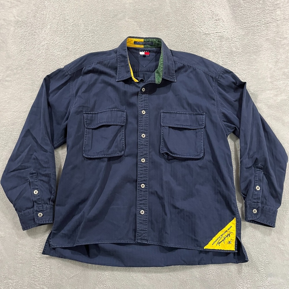 VTG Tommy Hilfiger Shirt Men's XL Sailing Gear Lotus 90s Flag Navy Blue Y2K